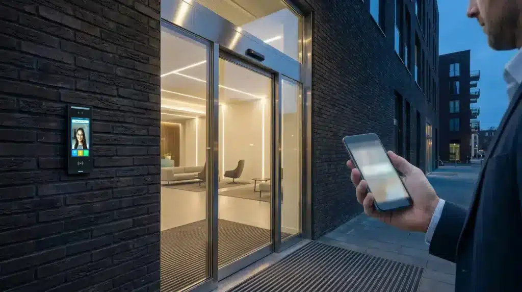 Video-intercom bij de entree van een appartementengebouw, deur openen via de app