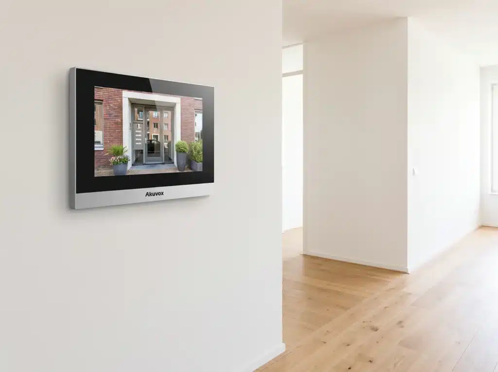 Binnenmonitor aan de wand in een woning, met beeld van de entree (impressie)