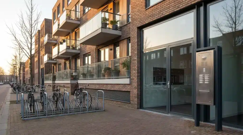 Entree van een modern Nederlands appartementengebouw met een RVS buitenpost naast de glazen voordeur (impressie)