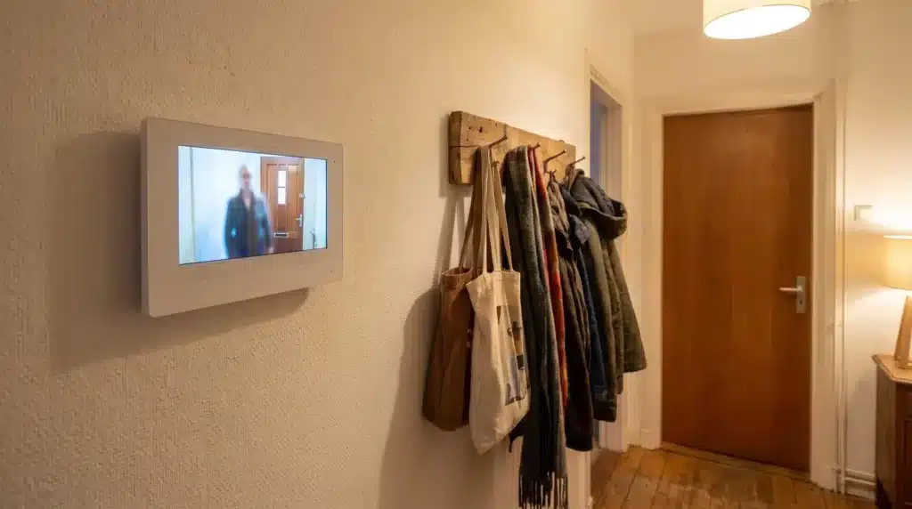 Witte binnenmonitor aan de wand in de hal van een appartement met een bezoeker in beeld (impressie)