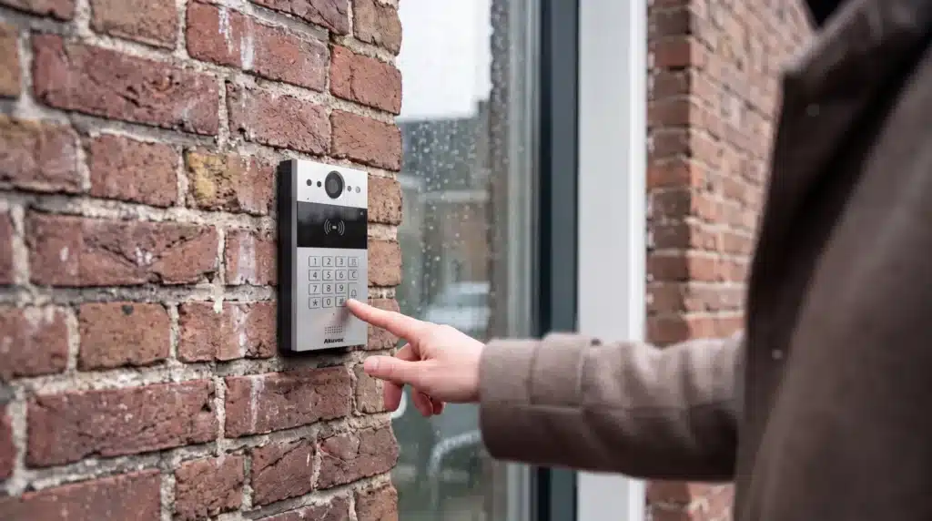 Hand drukt op het codeklavier van een RVS buitenpost bij de entree van een appartementengebouw (impressie)