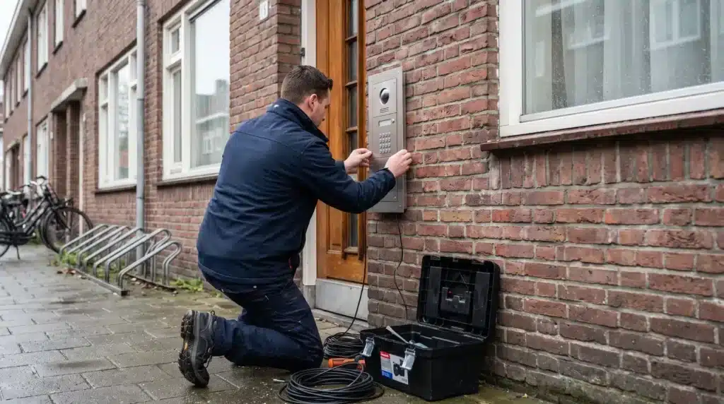 Monteur installeert een video-intercom buitenpost in RVS-paneel naast de voordeur van een Nederlands appartementengebouw (impressie)