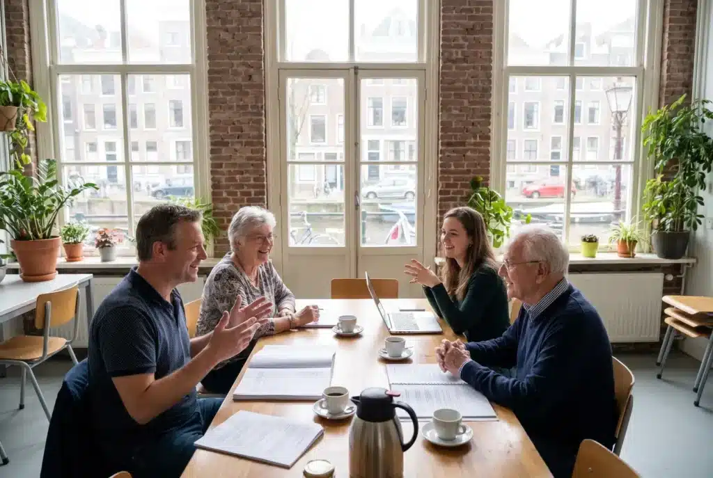 Bestuur van een VvE overlegt aan tafel met documenten in een gemeenschappelijke ruimte van een appartementencomplex (impressie)